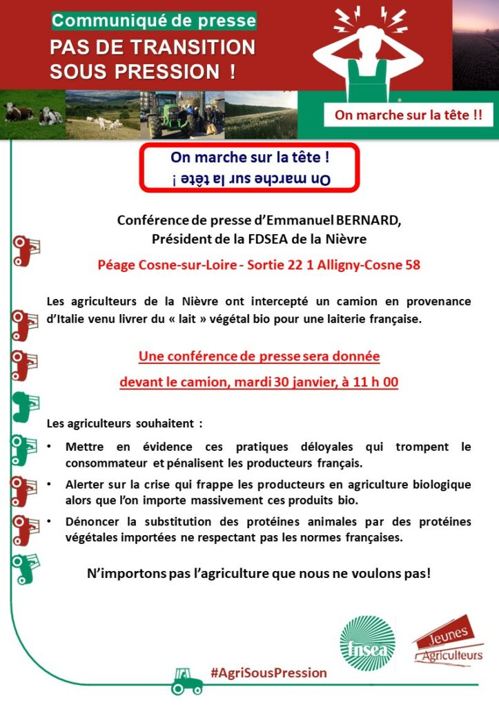 Le président de la FDSEA 58 organise une conférence de presse le mardi 30 janvier à 11h au péage de Cosne sur Loire